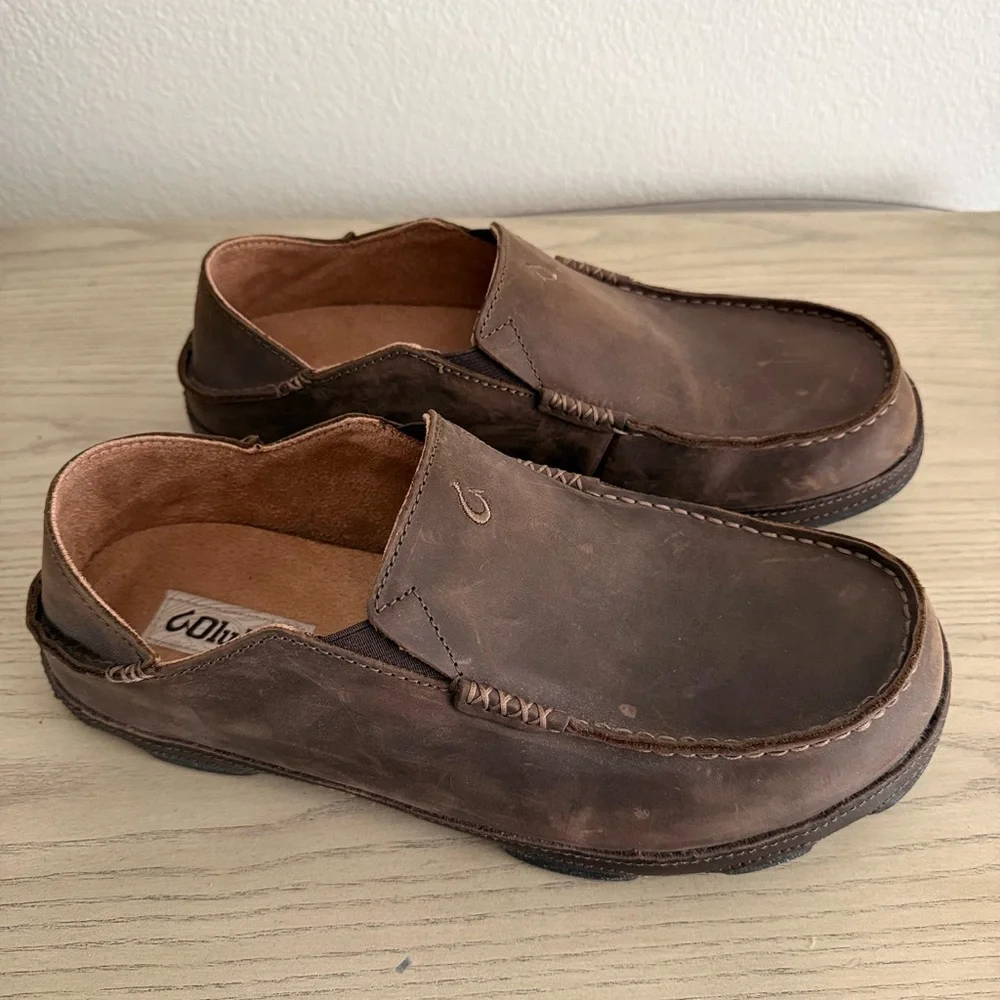 OluKai Men's Brown Moloa Leather Slip-Ons - Picture 1 of 4